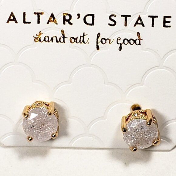 Altar'd State Polished Textured Gold Tone White Crystal Stud Earrings - Picture 1 of 7